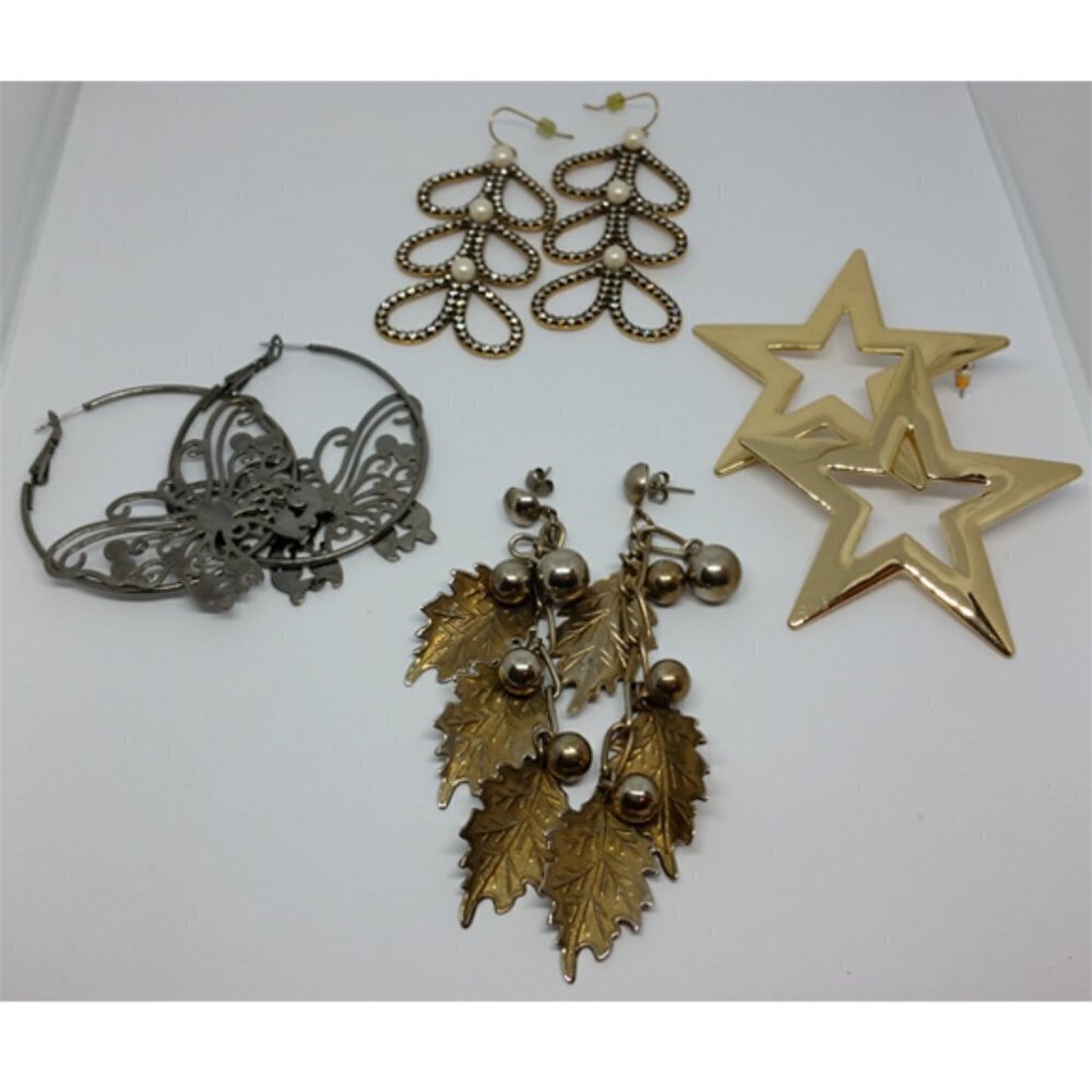 Bundle lot 4 trendy statement size long earrings variety star leaf butterfly